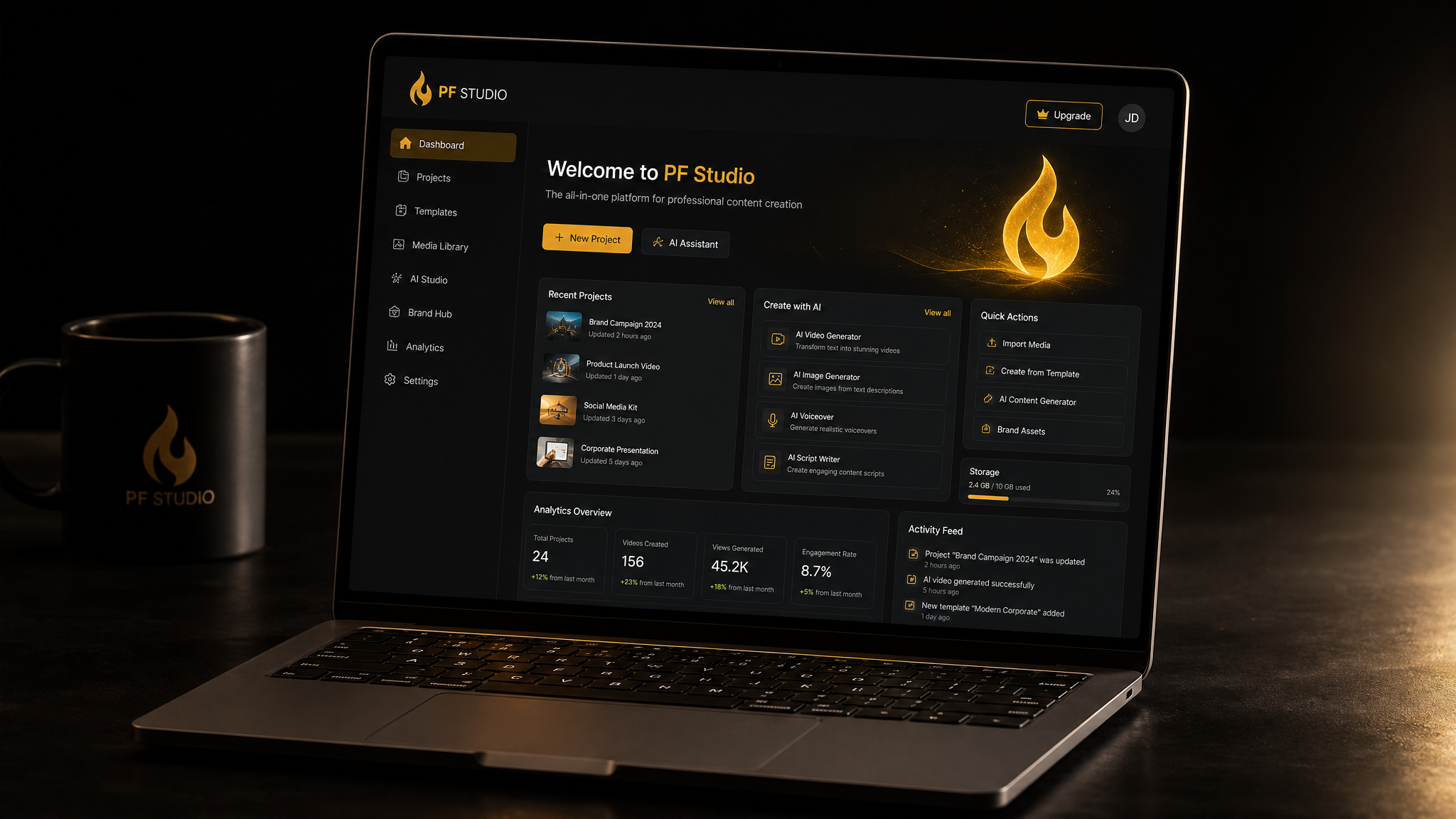 PF Studio dashboard showing sprint board, calendar, and project management tools in action